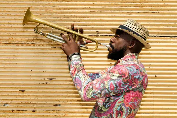 homme, trompette, musicien, jouer, chapeau, chemise, jaune, multicolore, instrument, musique, profil, extérieur, barbichette, doré, mur