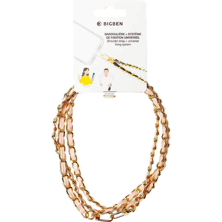 Bandoulière téléphone universelle rose avec chaîne gold