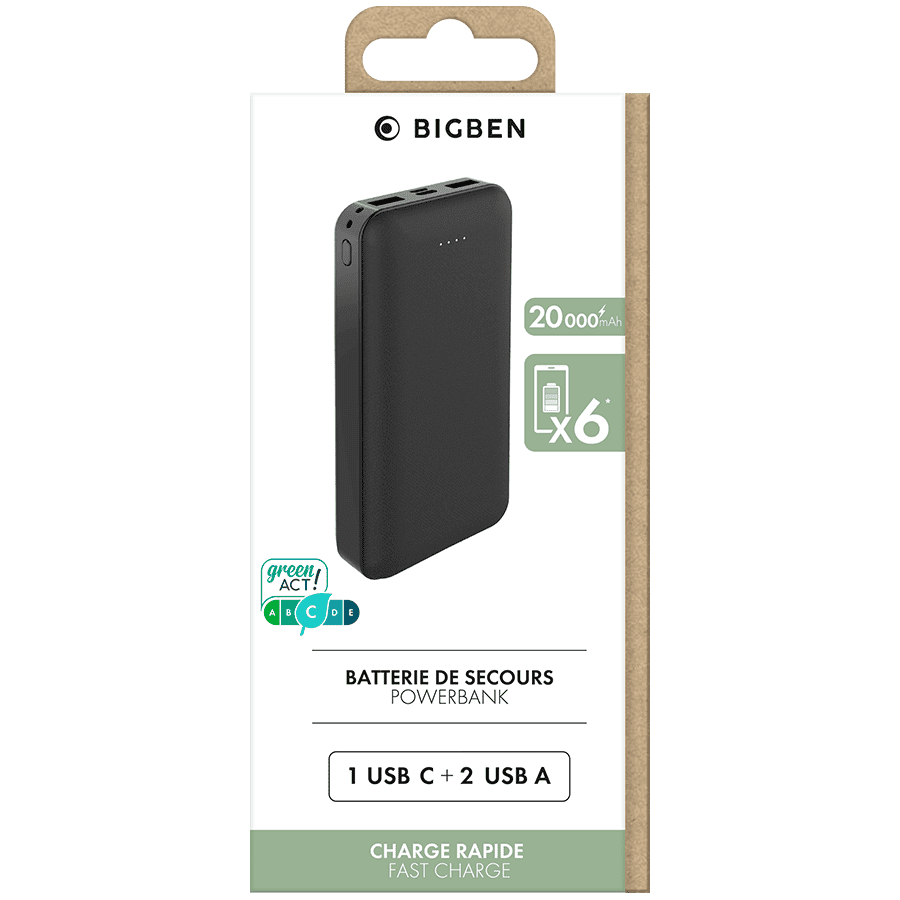 Batterie Externe de Secours 20000mAh, Charge Rapide 2x USB + USB-C, Bigben  - Noir - Français