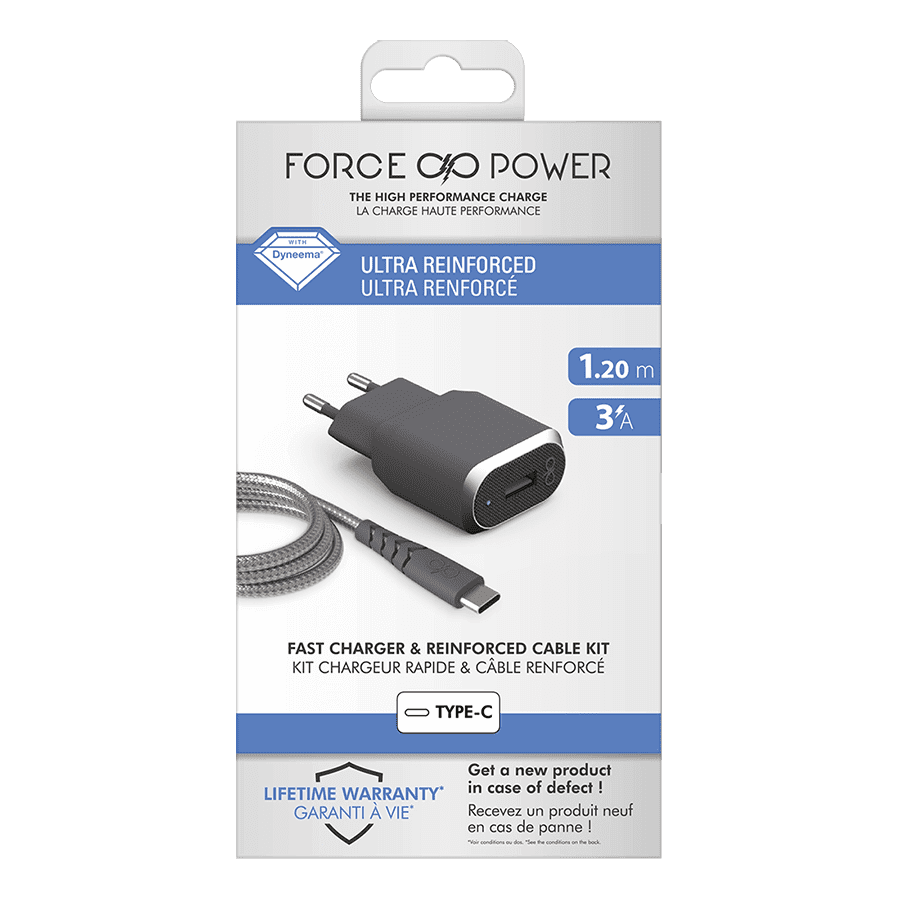 Chargeur maison 3A IC Smart Garanti à vie + Câble USB A/USB C Gris - 100% Plastique recyclé