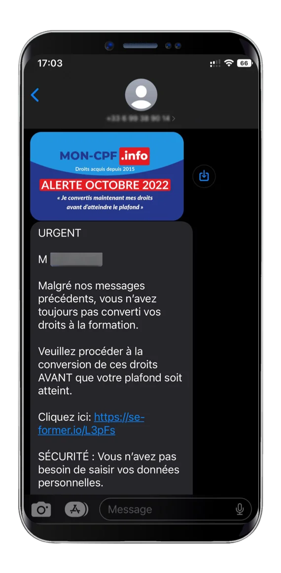 Arnaque à la conversion des droits CPF affichée sur un smartphone