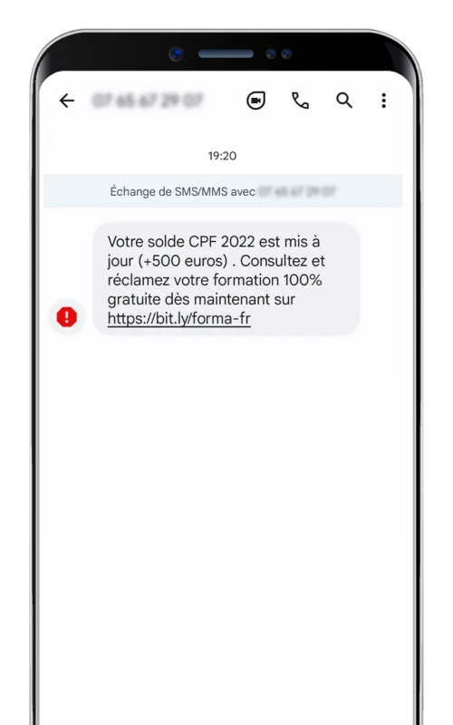 Message d’arnaque à la formation gratuite affiché sur un smartphone