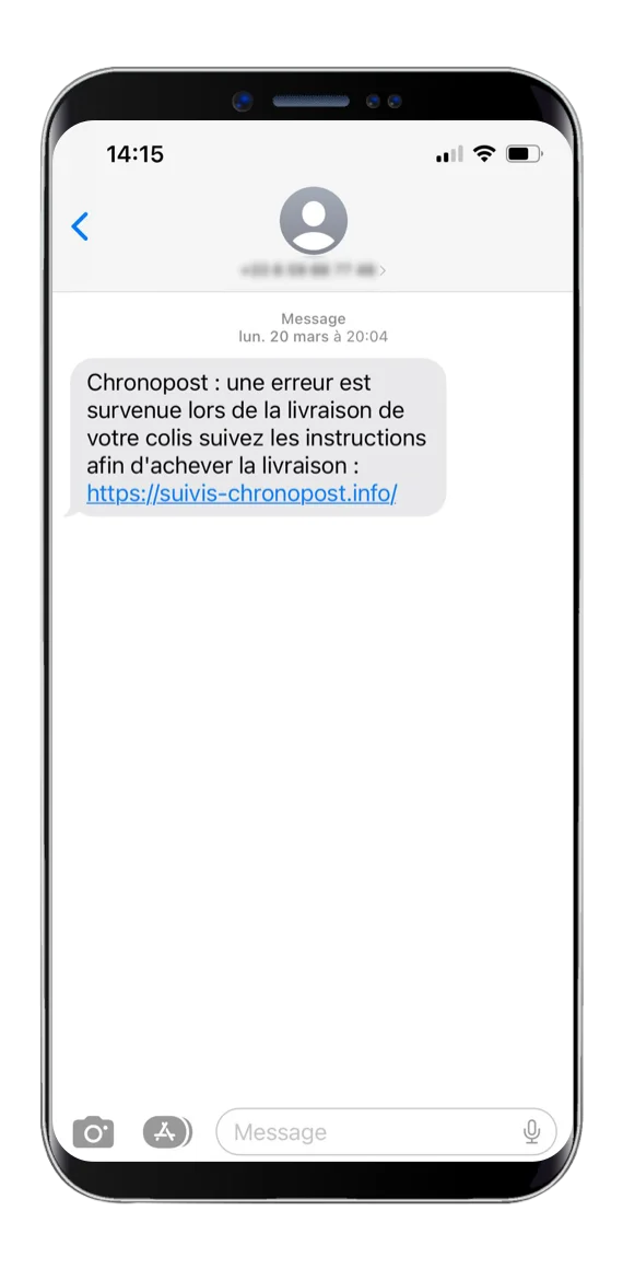 Arnaque à la livraison Chronopost avec lien de suivi affichée sur un smartphone