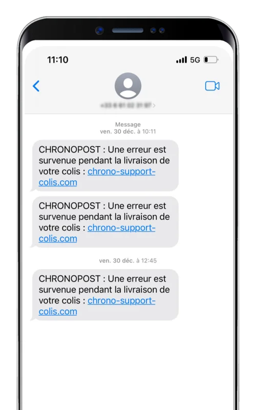 Arnaque à la livraison Chronopost avec lien vers le support affichée sur un smartphone