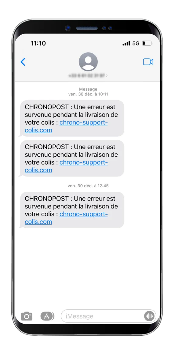 Arnaque à la livraison Chronopost avec lien vers le support affichée sur un smartphone