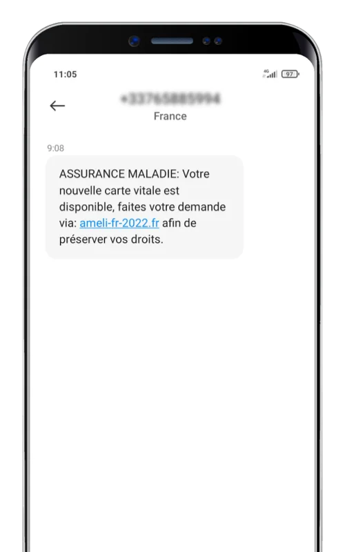 Message d’arnaque à la carte vitale affiché sur un smartphone