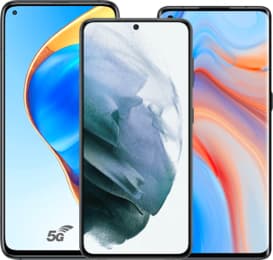 3 smartphones couleurs de face écran allumé