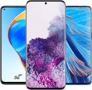 3 smartphones écran de face et 5g