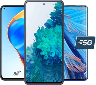 3 smartphones écran de face et 5g