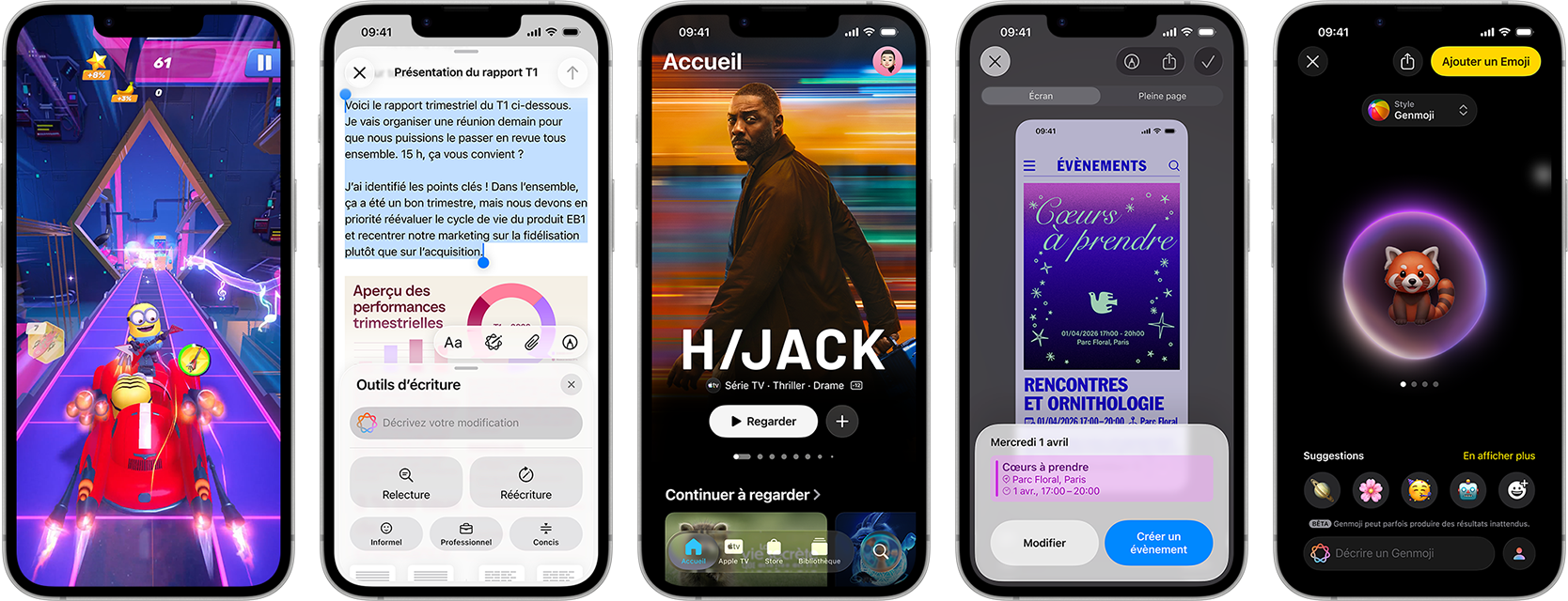 Plusieurs iPhone 17e côte à côte affichant des écrans différents : un jeu en cours d’utilisation, les Outils d’écriture, l’app Apple TV, la création d’un évènement de calendrier et d’un Genmoji