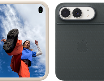 iPhone Duo, finition blanc stellaire dans une coque en silicone sable, mode paysage, entièrement ouvert en position horizontale, double caméra Fusion en haut à gauche, une coque recouvre la face extérieure arrière et le bord de l’écran interne, le côté droit présente l’écran externe affichant l’image d’une personne. iPhone Duo, finition blanc stellaire, appuyé sur le Folio marine avec support, complètement ouvert à l’horizontale ; la face extérieure arrière met en évidence la double caméra Fusion 48 MP, deux objectifs