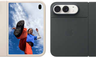 iPhone Duo, finition blanc stellaire dans une coque en silicone sable, mode paysage, entièrement ouvert en position horizontale, double caméra Fusion en haut à gauche, une coque recouvre la face extérieure arrière et le bord de l’écran interne, le côté droit présente l’écran externe affichant l’image d’une personne. iPhone Duo, finition blanc stellaire, appuyé sur le Folio marine avec support, complètement ouvert à l’horizontale ; la face extérieure arrière met en évidence la double caméra Fusion 48 MP, deux objectifs