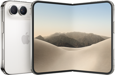 iPhone Duo, replié, face arrière, finition blanc stellaire, système à deux caméras Fusion en haut à gauche, logo Apple au centre. Écran interne déplié, design tout écran, angles arrondis