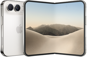 iPhone Duo, replié, face arrière, finition blanc stellaire, système à deux caméras Fusion en haut à gauche, logo Apple au centre. Écran interne déplié, design tout écran, angles arrondis