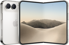 iPhone Duo, replié, face arrière, finition blanc stellaire, système à deux caméras Fusion en haut à gauche, logo Apple au centre. Écran interne déplié, design tout écran, angles arrondis