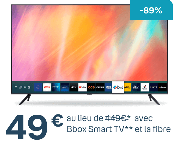 -89%. Samsung UHD 4K 108 cm(43″) 49€ au lieu de 449€ avec Bbox Smart TV** et la fibre