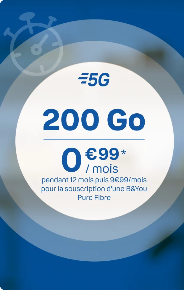 200Go 5G 0€99* pdt 12 mois puis 9€99 pour toute souscription d'une BYOU Pure Fibre